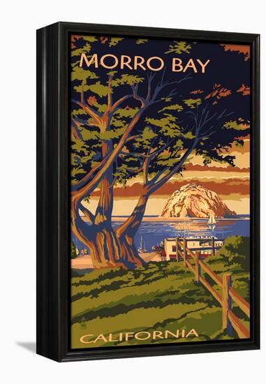 Morro Bay, California Town View with Morro Rock Poster-Lantern Press-Framed Stretched Canvas