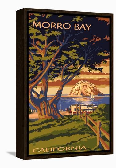 Morro Bay, California Town View with Morro Rock Poster-Lantern Press-Framed Stretched Canvas