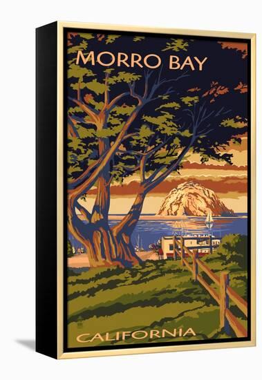 Morro Bay, California Town View with Morro Rock Poster-Lantern Press-Framed Stretched Canvas