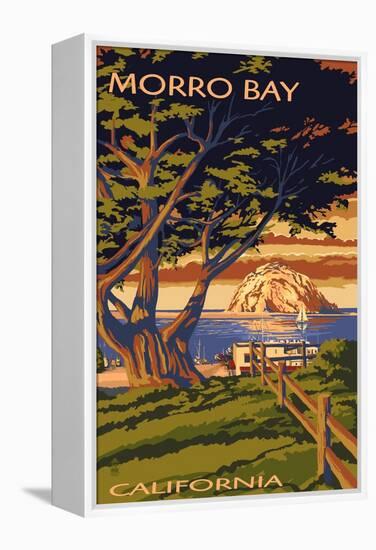 Morro Bay, California Town View with Morro Rock Poster-Lantern Press-Framed Stretched Canvas