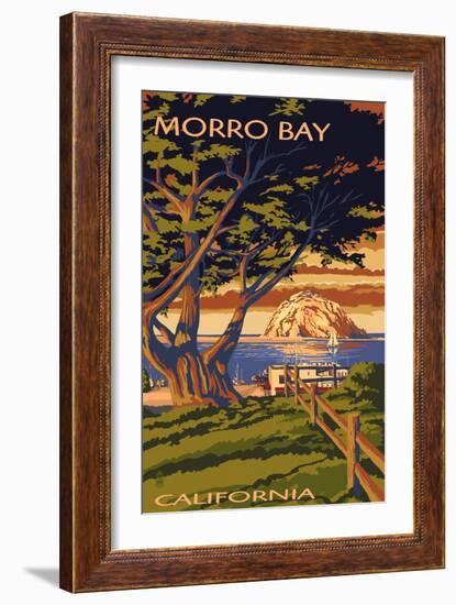 Morro Bay, California Town View with Morro Rock Poster-Lantern Press-Framed Art Print