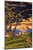 Morro Bay, California Town View with Morro Rock Poster-Lantern Press-Mounted Art Print
