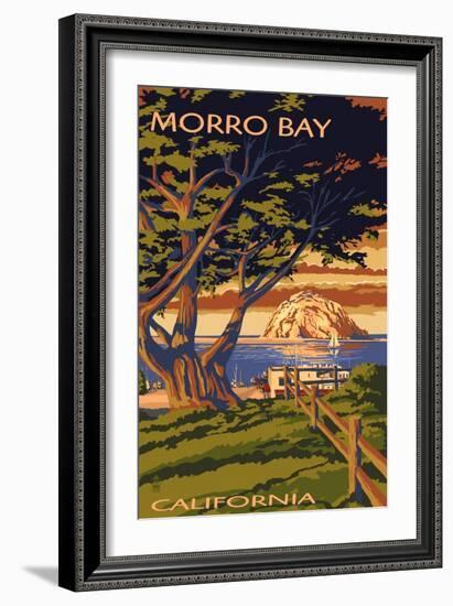 Morro Bay, California Town View with Morro Rock Poster-Lantern Press-Framed Art Print