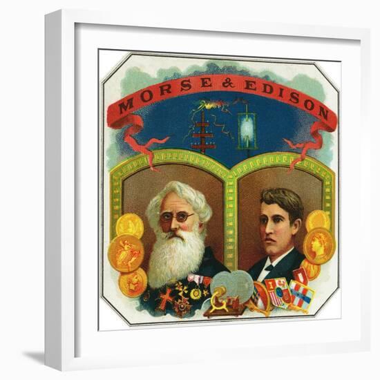 Morse and Edison Brand Cigar Box Label, Samuel F.B. Morse and Thomas Edison-Lantern Press-Framed Art Print