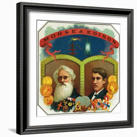 Morse and Edison Brand Cigar Box Label, Samuel F.B. Morse and Thomas Edison-Lantern Press-Framed Art Print