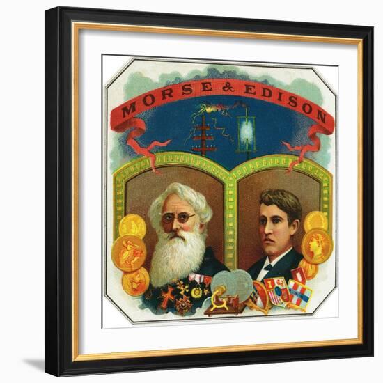 Morse and Edison Brand Cigar Box Label, Samuel F.B. Morse and Thomas Edison-Lantern Press-Framed Art Print