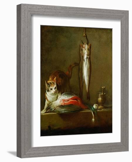 Mortier et pilon-a cat with a piece of salmon, two mackerels, mortar and pestle. 1728 Canvas.-Jean-Baptiste-Simeon Chardin-Framed Giclee Print