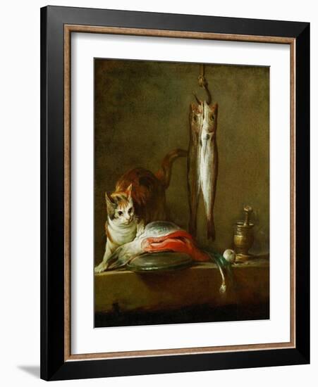 Mortier et pilon-a cat with a piece of salmon, two mackerels, mortar and pestle. 1728 Canvas.-Jean-Baptiste-Simeon Chardin-Framed Giclee Print