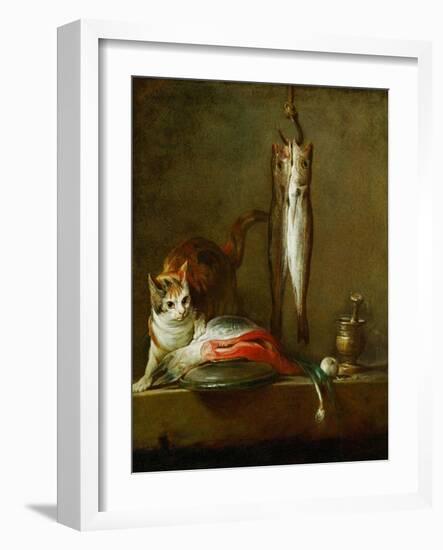 Mortier et pilon-a cat with a piece of salmon, two mackerels, mortar and pestle. 1728 Canvas.-Jean-Baptiste-Simeon Chardin-Framed Giclee Print