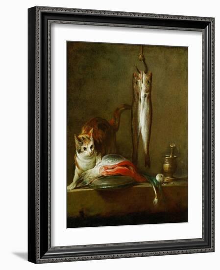 Mortier et pilon-a cat with a piece of salmon, two mackerels, mortar and pestle. 1728 Canvas.-Jean-Baptiste-Simeon Chardin-Framed Giclee Print