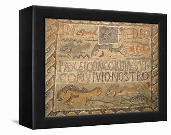 Mosaic Depicting Fish and Words Pax Et Concordia, from Great Basilica on Western Hill, Algeria-null-Framed Premier Image Canvas