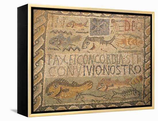 Mosaic Depicting Fish and Words Pax Et Concordia, from Great Basilica on Western Hill, Algeria-null-Framed Premier Image Canvas