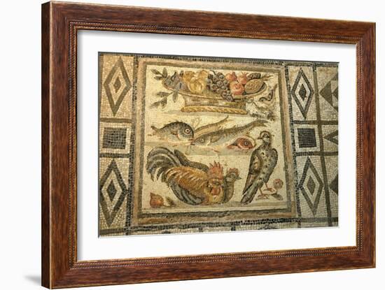 Mosaic depicting fish, fowl and fruitbasket. Central section of a Roman geometric floor-Werner Forman-Framed Giclee Print