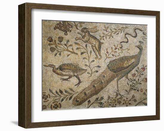 Mosaic Depicting Flower Garden with Peacock, Rabbit and Duck-null-Framed Giclee Print