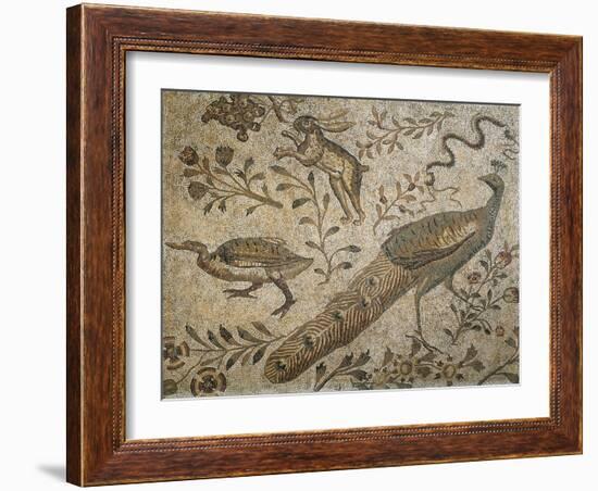 Mosaic Depicting Flower Garden with Peacock, Rabbit and Duck-null-Framed Giclee Print