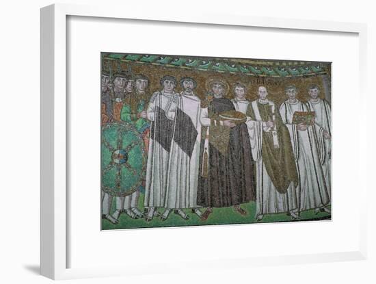 Mosaic of the Byzantine Emperor Justinian I and his court, 6th century. Artist: Unknown-Unknown-Framed Giclee Print