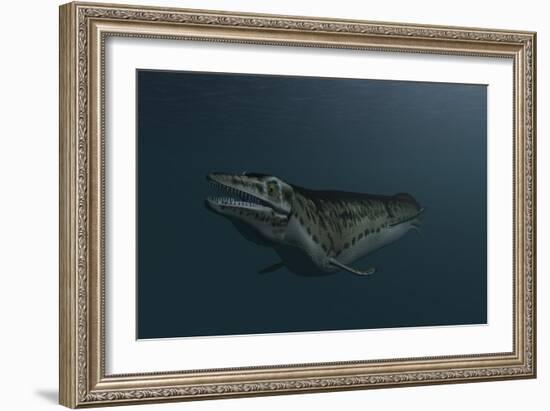 Mosasaur Swimming in Prehistoric Waters-null-Framed Art Print