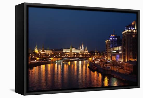 Moscow, Kremlin, Cityscape, House on the Shore as an Icon for Stalin's Dictatorship, at Night-Catharina Lux-Framed Premier Image Canvas