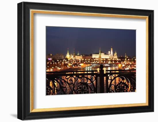 Moscow, Kremlin, Distant View from the Patriarshy Bridge, at Night-Catharina Lux-Framed Photographic Print