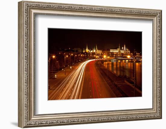 Moscow, Traffic on the Moskva Shore, Kremlin, at Night-Catharina Lux-Framed Photographic Print