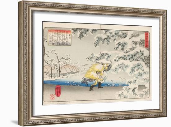 Moso Walking through the Snow Carrying a Hoe, to Collect Bamboo Shoots to Make Soup for His Mother,-Utagawa Kuniyoshi-Framed Giclee Print