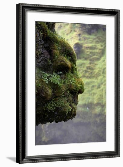 Moss Covered Rock Shaped Like a Face by Skogarfoss Waterfalls, Iceland-null-Framed Photographic Print