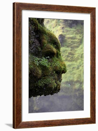 Moss Covered Rock Shaped Like a Face by Skogarfoss Waterfalls, Iceland-null-Framed Photographic Print