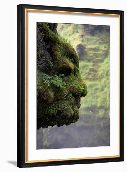 Moss Covered Rock Shaped Like a Face by Skogarfoss Waterfalls, Iceland-null-Framed Photographic Print