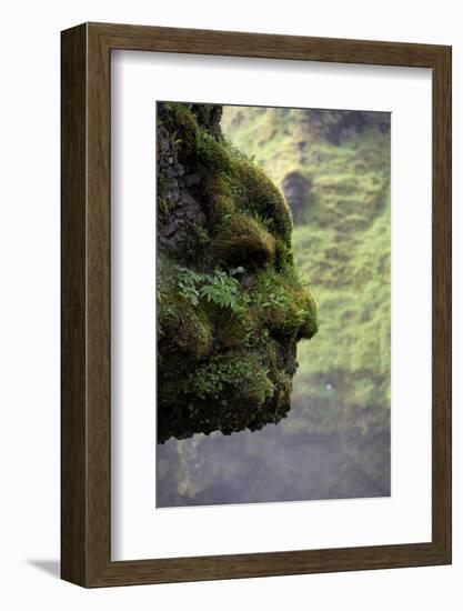 Moss Covered Rock Shaped Like a Face by Skogarfoss Waterfalls, Iceland-null-Framed Photographic Print