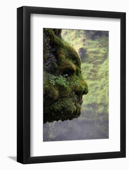 Moss Covered Rock Shaped Like a Face by Skogarfoss Waterfalls, Iceland-null-Framed Photographic Print