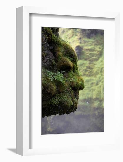 Moss Covered Rock Shaped Like a Face by Skogarfoss Waterfalls, Iceland-null-Framed Photographic Print