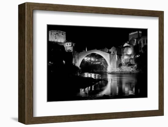 Mostar Bridge at Night, Mostar Bosnia and Herzegovina - Night Scene in Black and White Tone-Orhan-Framed Photographic Print