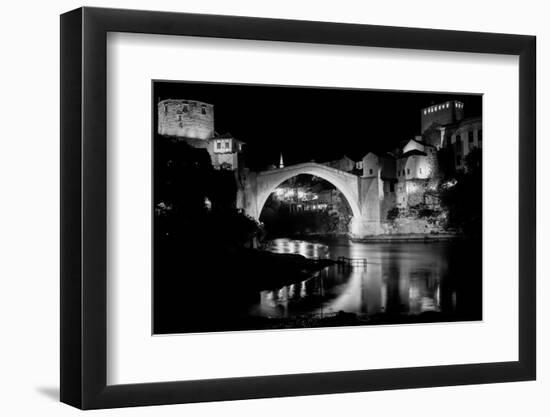 Mostar Bridge at Night, Mostar Bosnia and Herzegovina - Night Scene in Black and White Tone-Orhan-Framed Photographic Print