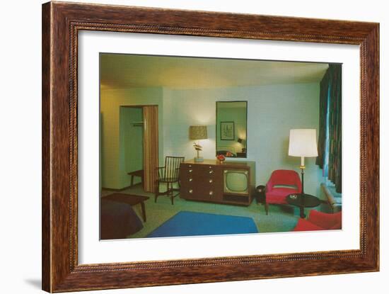 Motel Room with Blue Bedspread-null-Framed Art Print