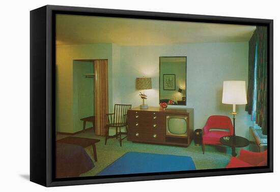 Motel Room with Blue Bedspread-null-Framed Stretched Canvas
