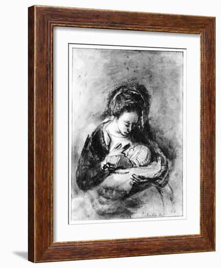 Mother and Child, C.1655 (Pen, Ink and Wash on Paper)-Nicholaes Maes-Framed Giclee Print