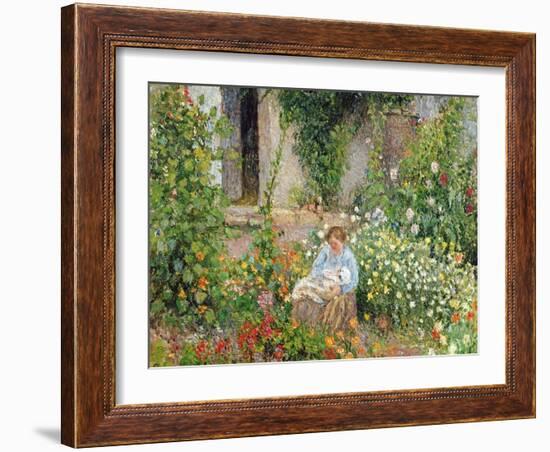 Mother and Child in the Flowers, 1879-Camille Pissarro-Framed Giclee Print