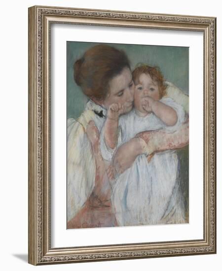 Mother and Child on a Green Background or Maternity-Mary Cassatt-Framed Giclee Print