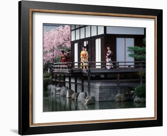 Mother and Daughter at Shobi-Kan Teahouse, Garden at Heian Shrine During Cherry Blossom Festival-Nancy & Steve Ross-Framed Photographic Print