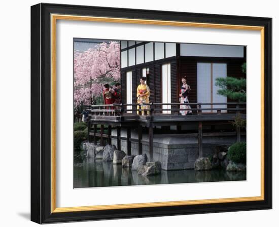 Mother and Daughter at Shobi-Kan Teahouse, Garden at Heian Shrine During Cherry Blossom Festival-Nancy & Steve Ross-Framed Photographic Print