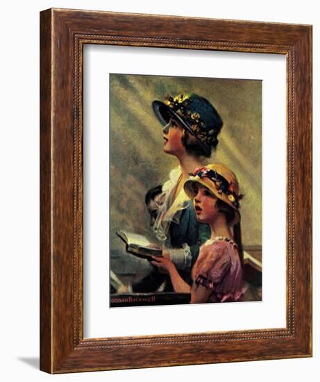 Mother and Daughter Singing in Church-Norman Rockwell-Framed Giclee Print