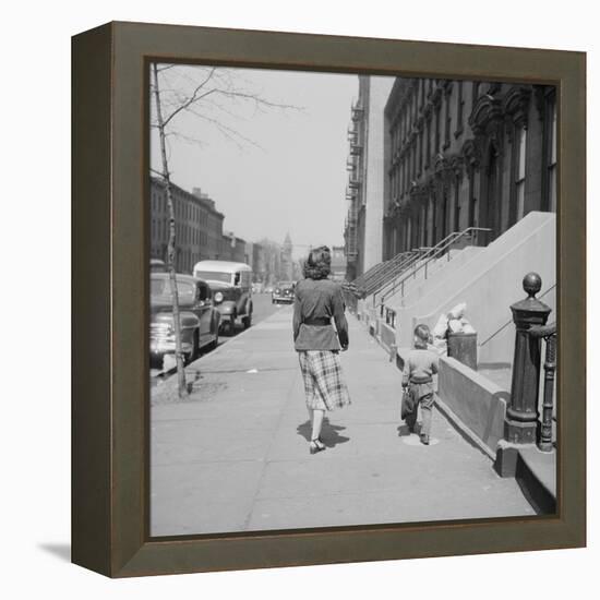 Mother and Son Walking Down Brooklyn Street Together, NY, 1949-Ralph Morse-Framed Premier Image Canvas