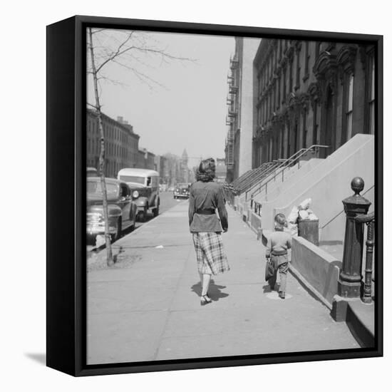 Mother and Son Walking Down Brooklyn Street Together, NY, 1949-Ralph Morse-Framed Premier Image Canvas