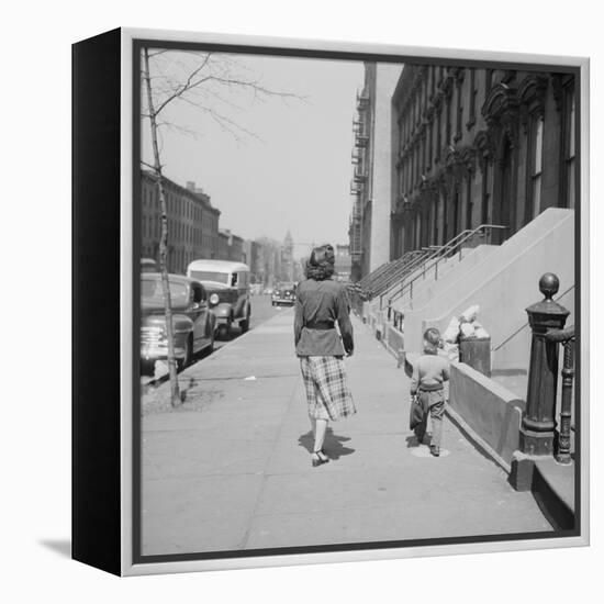 Mother and Son Walking Down Brooklyn Street Together, NY, 1949-Ralph Morse-Framed Premier Image Canvas