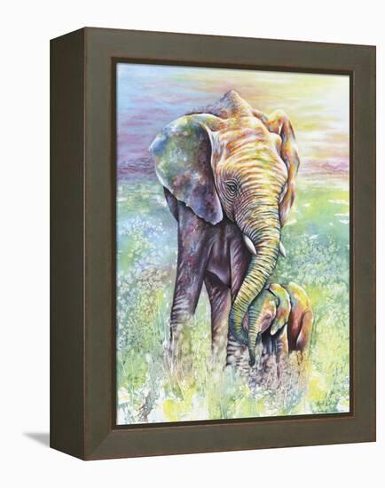 Mother & Baby Elephant Rainbow Colors-Michelle Faber-Framed Premier Image Canvas