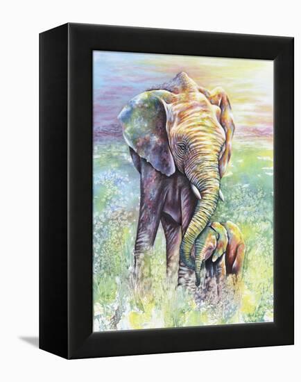 Mother & Baby Elephant Rainbow Colors-Michelle Faber-Framed Premier Image Canvas