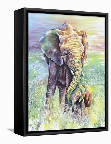 Mother & Baby Elephant Rainbow Colors-Michelle Faber-Framed Premier Image Canvas