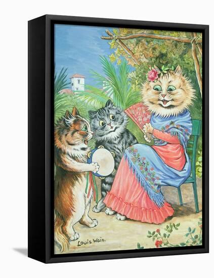 Mother Cat with Fan and Two Kittens-Louis Wain-Framed Premier Image Canvas