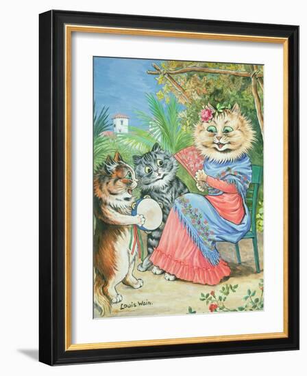 Mother Cat with Fan and Two Kittens-Louis Wain-Framed Giclee Print