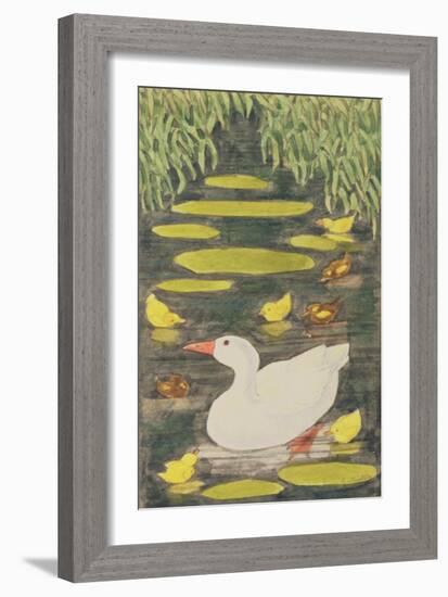 Mother Duck in the Pond with Her Ducklings-Linda Benton-Framed Giclee Print